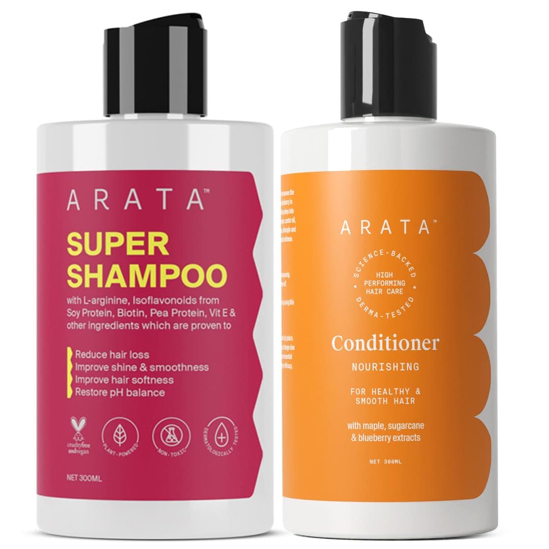 Arata Hair Fall Control Combo With Onion Oil, Argan Oil & Bhringraj || Power Of 5 In 1 Super Shampoo (300 Ml) And Conditioner || All-Natural & Cruelty-Free