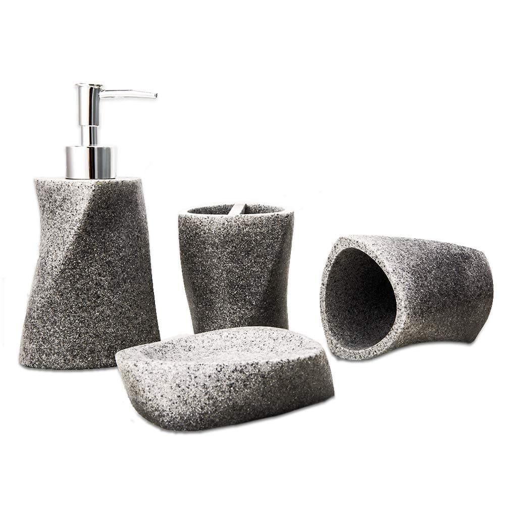 Bigger Decor Advanced Resin Simple Modern Bathroom Accessory Set, Matte Texture, Full Set Includes 1 Tumbler, 1 Toothbrush Holder, 1 soap Dish and 1 Soap Dispenser (Grey(Streamline))