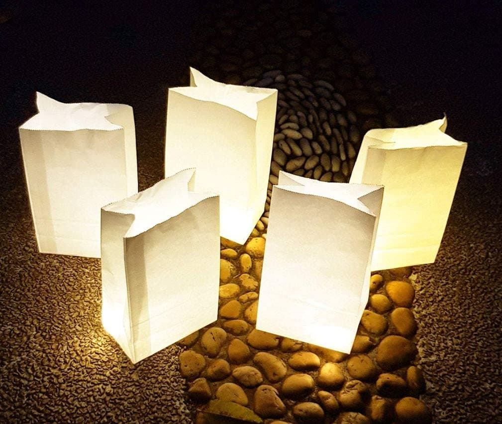 lightsfever-LED luminaria luminary bags 100 pack of light up luminaries LED farolitos bags white paper bags with lights for diwali decorations, wedding decor (warm white)