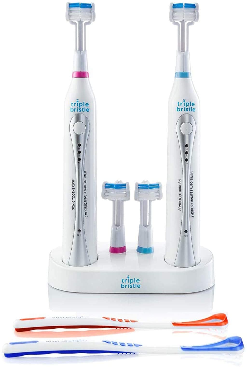 Triple Bristle Sonic Duo | 2 Electric Toothbrushes with Dual Charging Station | Patented 3 Head Design | 31,000 VPM, Rechargeable Toothbrush Set for Adults, Families & Couples | 3-Sided Sonic Brush