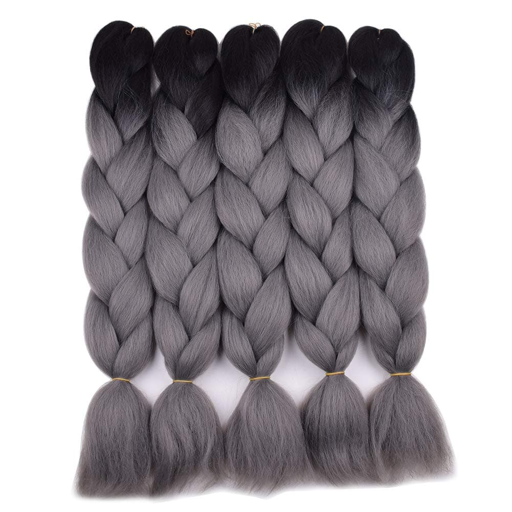 BACANA Ombre Braiding Hair (Black/Dark Grey) 5pcs/lot Synthetic Jumbo Braiding Hair Extension 24 Inch Braiding Hair Synthetic Fiber