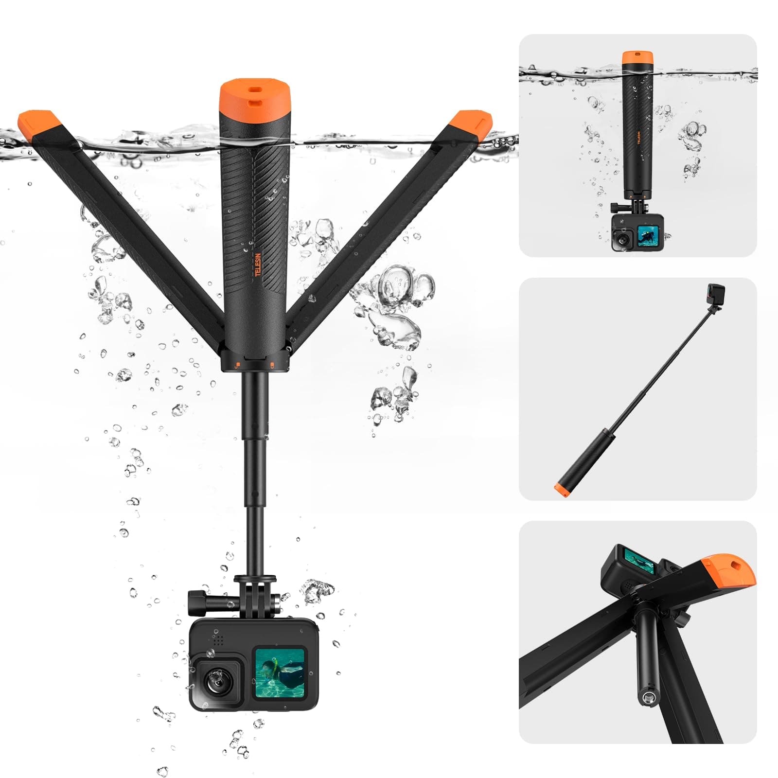 4 in 1 Selfie Stick Floating Hand Grip Tripod Waterproof Extendable Selfie Monopod for GoPro Hero 13, 12, 11, 10, 9, 8, DJI OSMO Action 6 5 Pro 4 3, Insta360 Ace Pro 2 and Most Action Camera