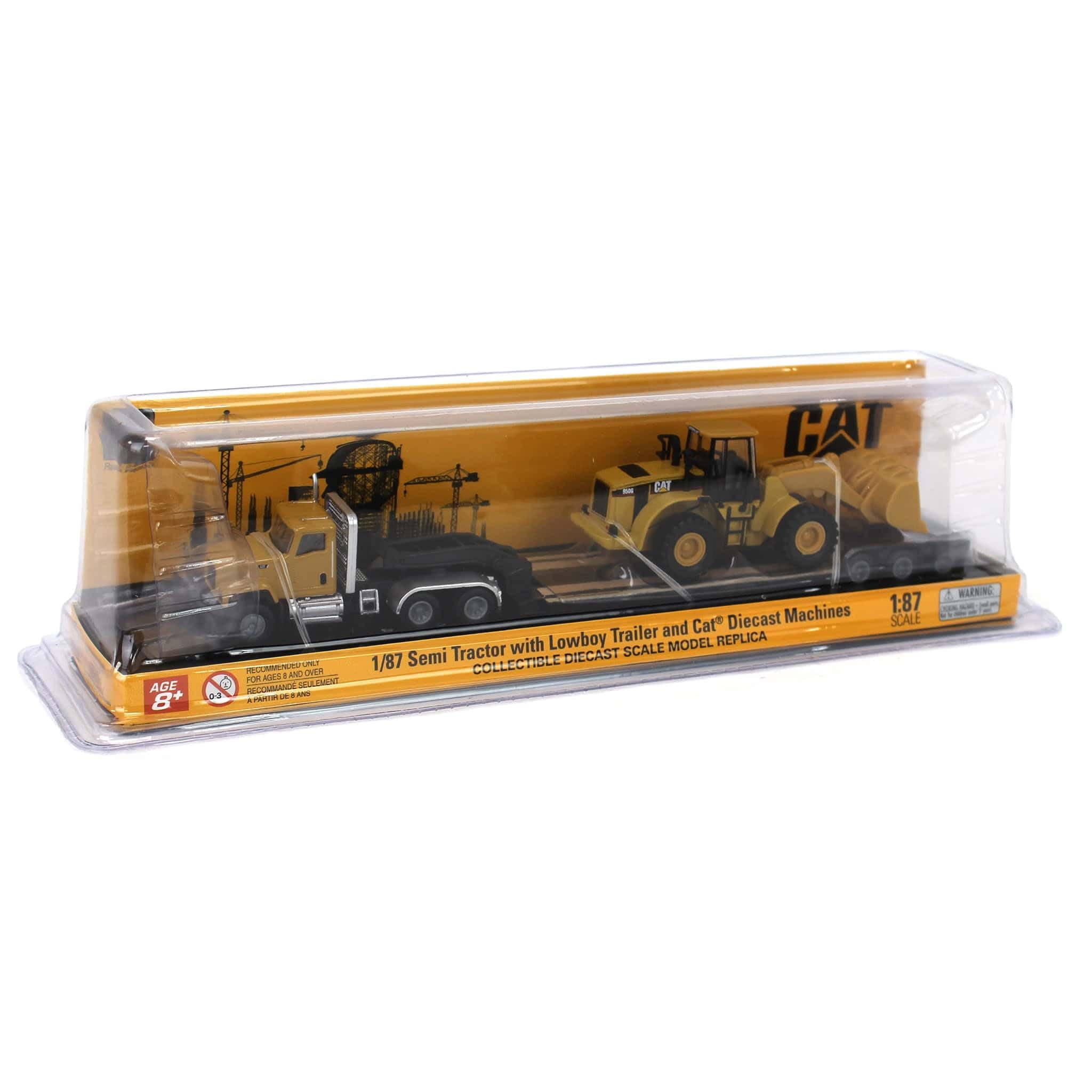 Diecast Masters | 1:87 Scale Cat CT681 Day Cab Tractor with Lowboy Trailer and Cat 950G Wheel Loader | Model 84418