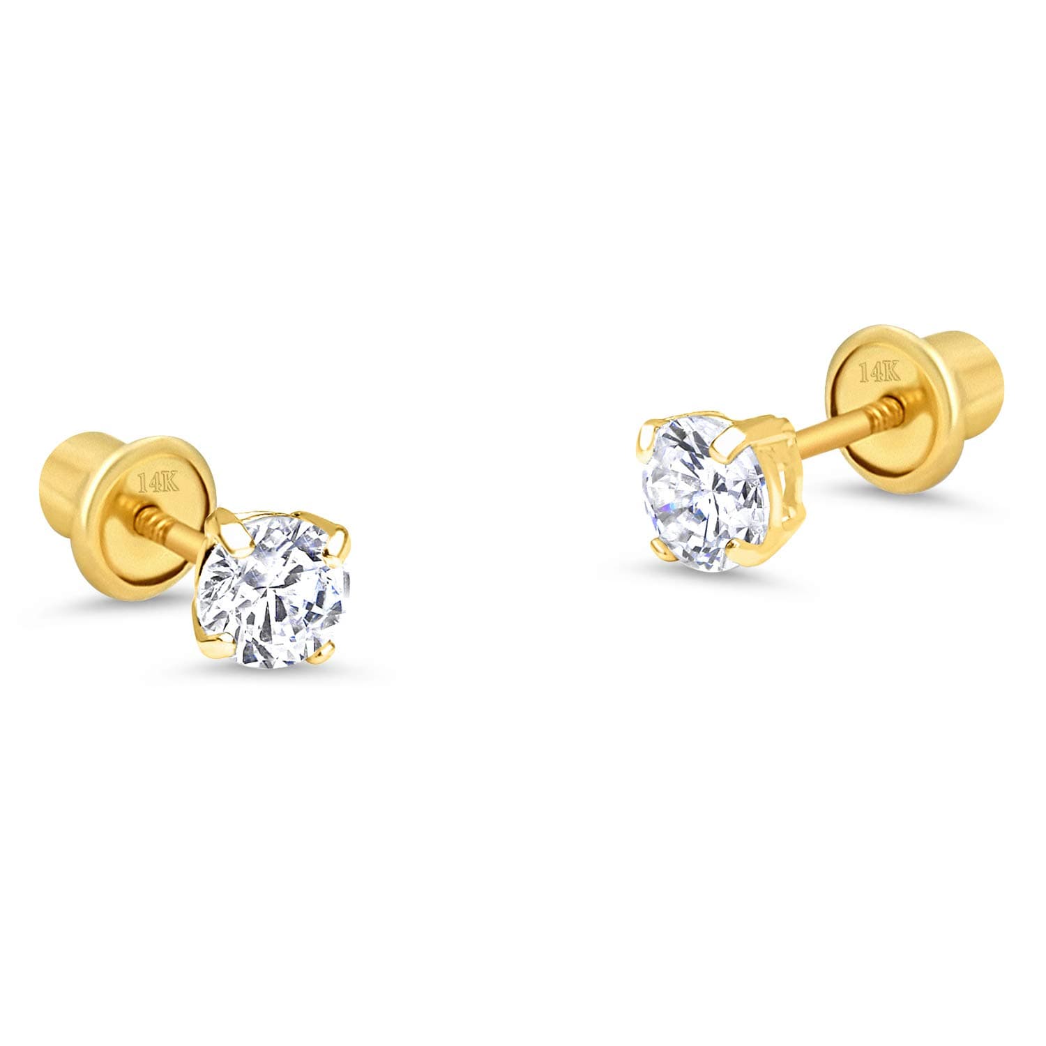 14K Yellow Gold 2 3 4 5 6mm Basket Round Cubic Zirconia Kids Screw Back Baby Girls Earrings, Yellow Gold, Cubic Zirconia,, Yellow Gold, Cubic Zirconia