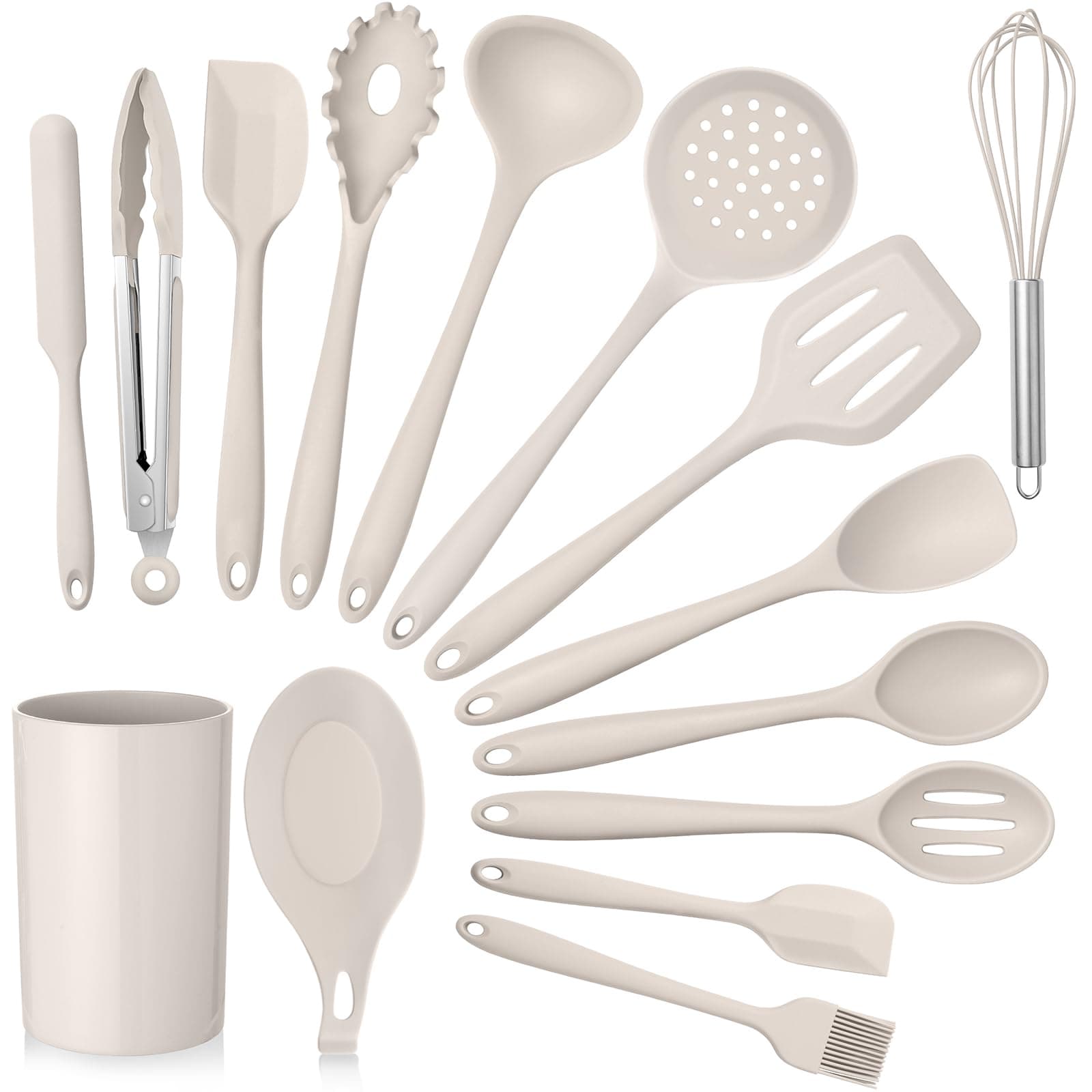 Kitchen Utensils Set, 15-Piece Silicone Cooking Utensils with Holder, Non-stick Cookware Friendly & Heat Resistant, Includes Ladle Spatula Spoon Slotted Turner for Cooking & Baking (Khaki)