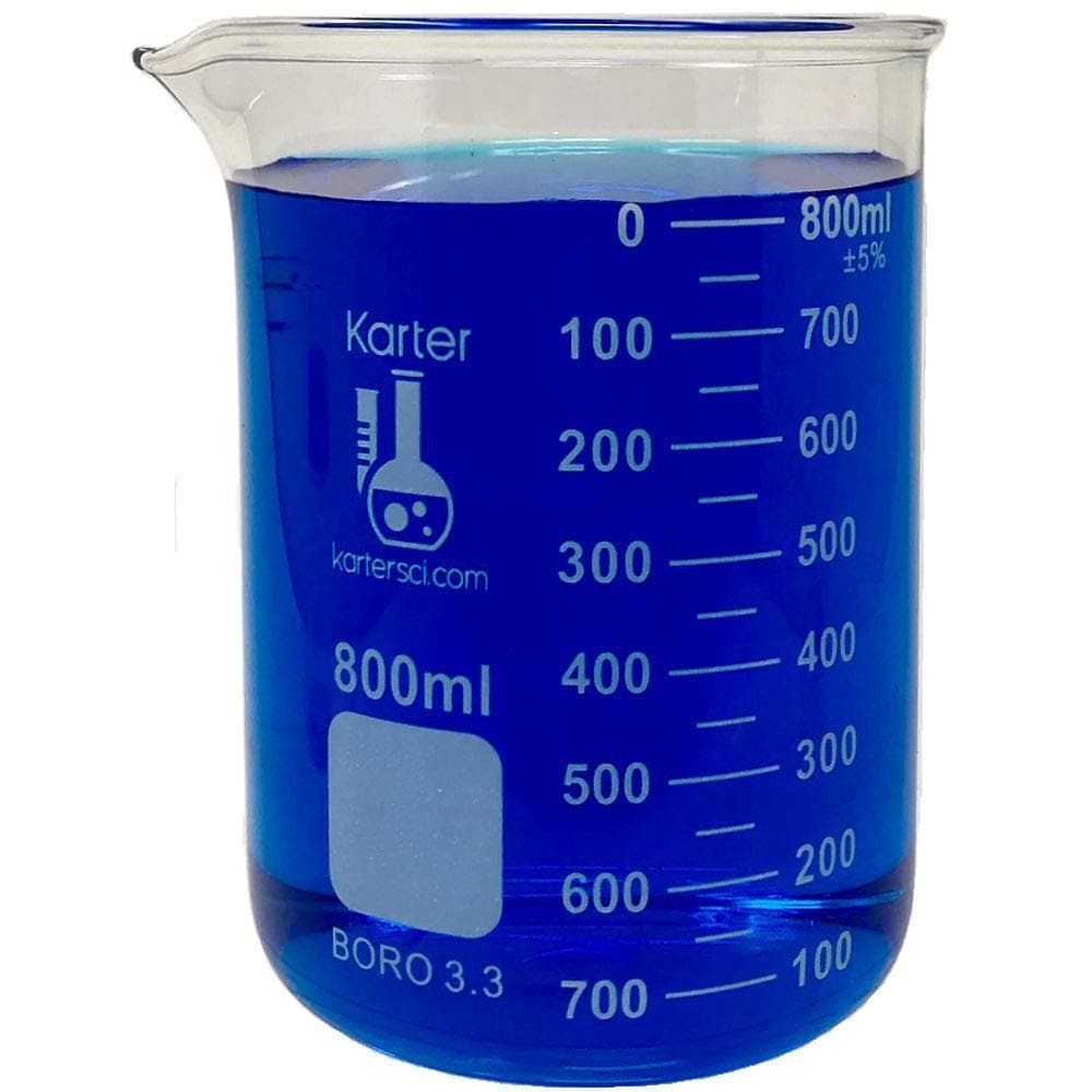 800ml Beaker, Low Form Griffin, Borosilicate 3.3 Glass, with Spout & Printed Graduations, Karter Scientific 232U4