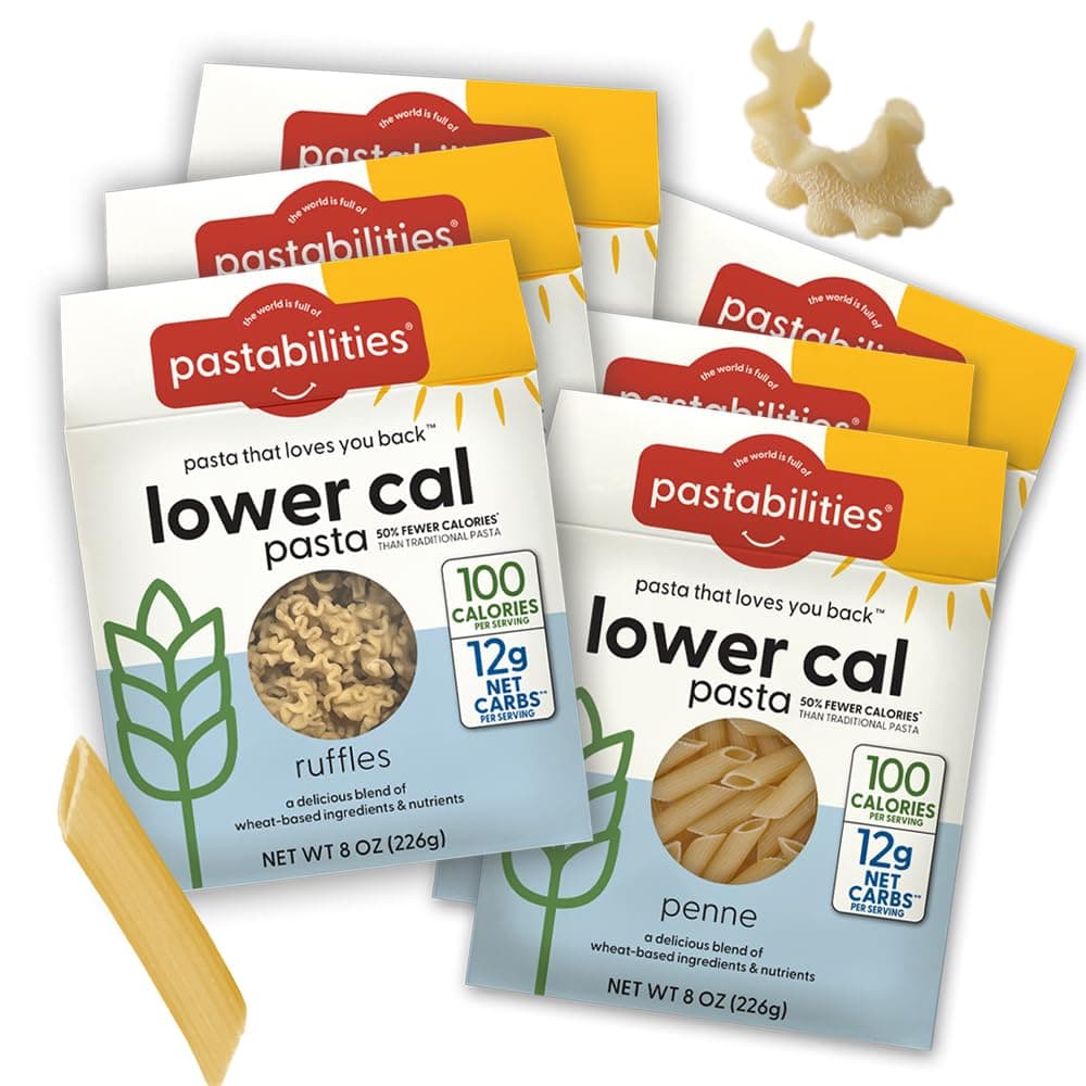Pastabilities, Lower Calorie Pasta, Variety Pack (Penne & Ruffles) – 100 Calories/Serving, 12g Net Carbs & High Fiber – Delicious & Nutritious Alternative to Traditional Pasta (8 Ounce, 6 Pack)