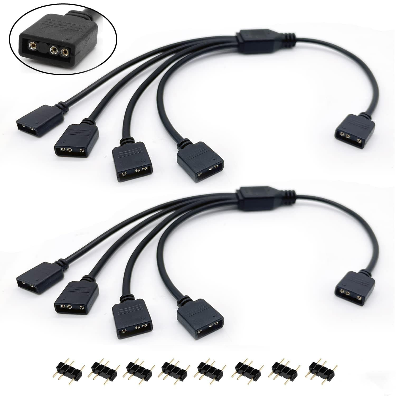 Azonee 5V 3ピン アドレス指定可能 RGB 1~4スプリッターケーブル、Y字型 ARGBファンコネクターとPC LEDストリップ延長ケーブル、オスピン8本、53ARGB(2個パック)