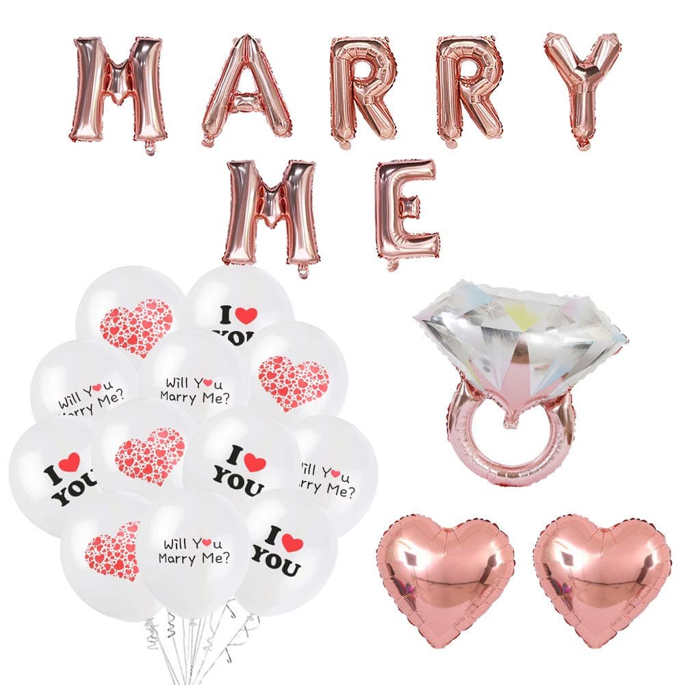 Will You Marry Me Decoration Set - Rose Gold 16" Marry Me Balloons Banner & Diamond Ring Foil Balloon & Love Balloons for Marriage Proposal Decorations
