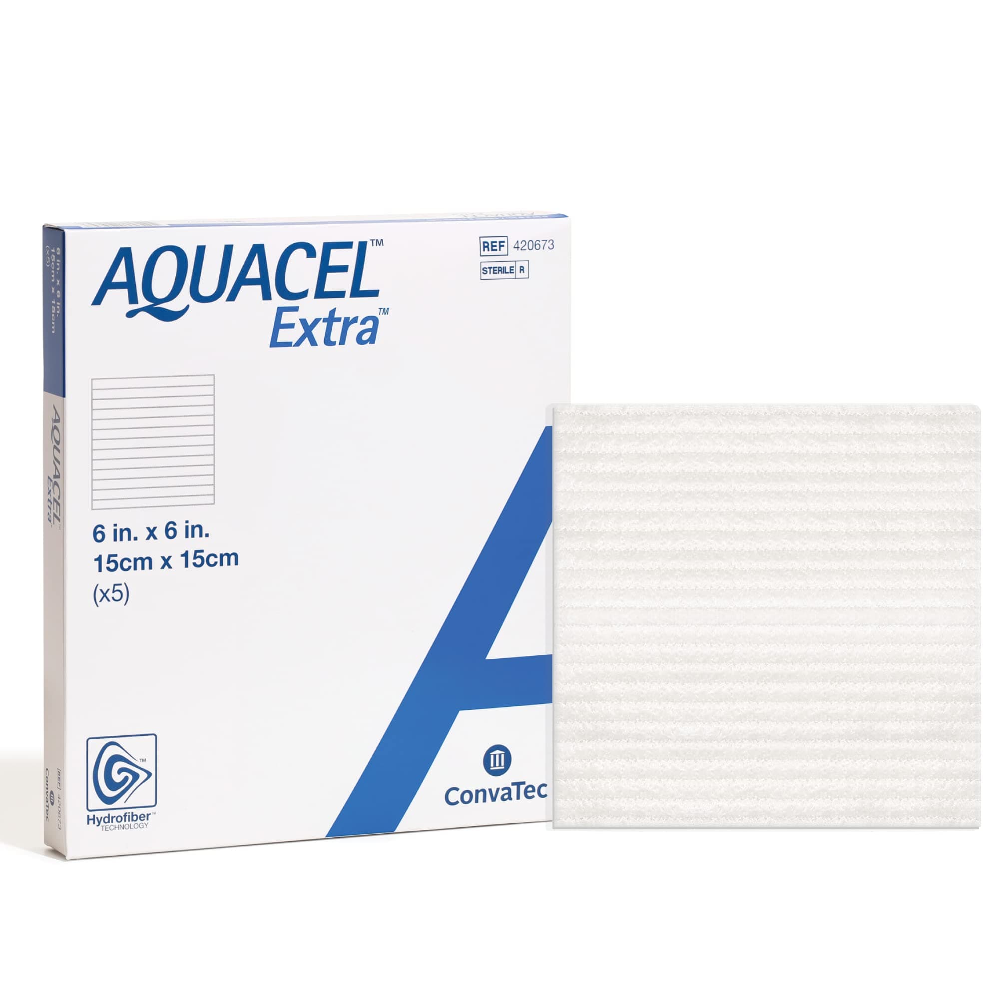 AQUACEL Extra 6"x6" Hydrofiber Absorbant Dressing for Moderate to Highly Exuding Wounds, Non-Woven Two-Dimensional Strengthening Fibers, Square, 5ct Box