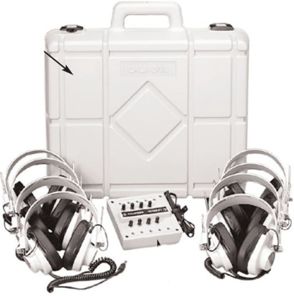 Califone 1218AV-01 Monaural Listening Center, 8-Position, Rugged Carry Storage Case with 8 pcs 2924AV Monaural headphones and 8-position 1218AVPY Monaural Jackbox