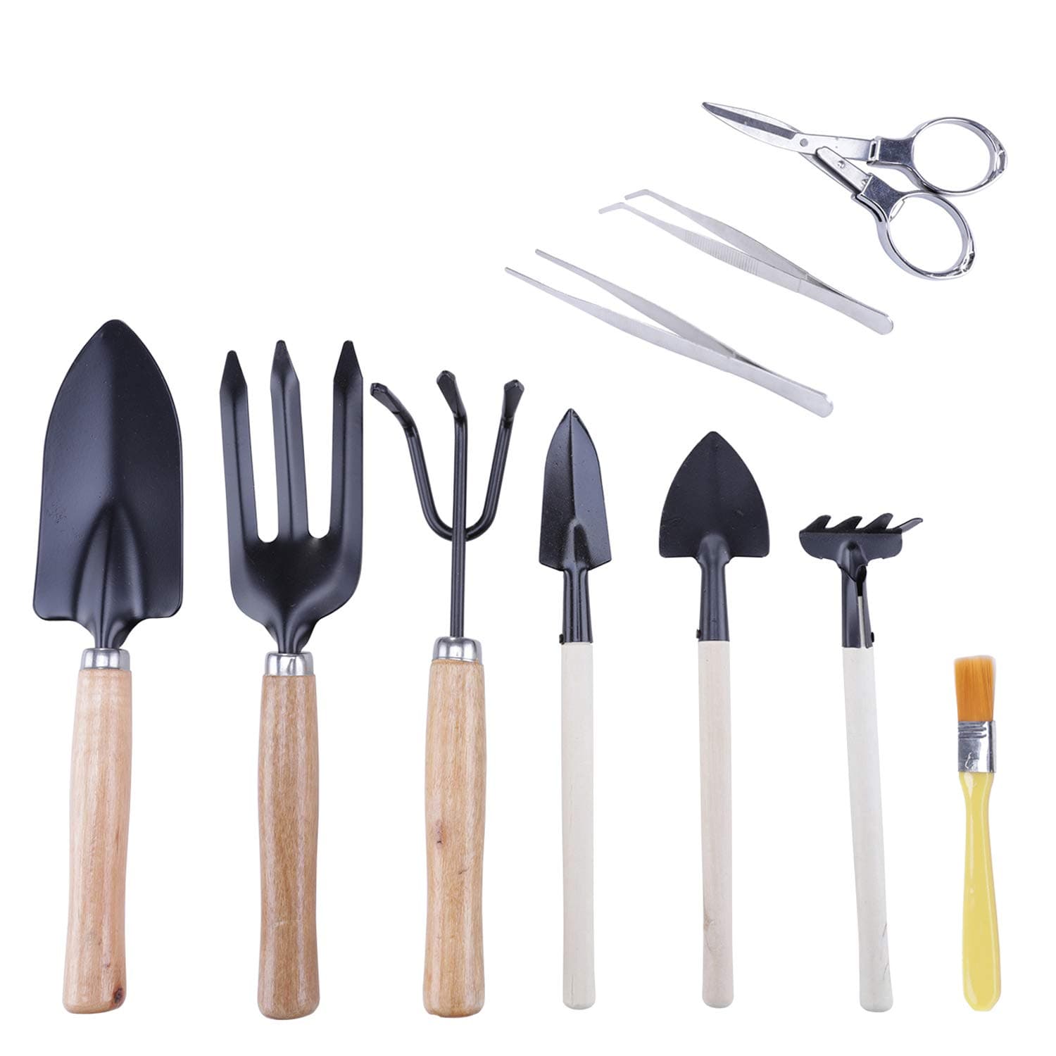 DesignerBox 10 Pcs Gardening Bonsai Tools Set Succulent Garden Hand Tool Kit with Shovels, Rakes, Fork, Tweezers, Bud & Leaf Scissor, Cleaning Brush