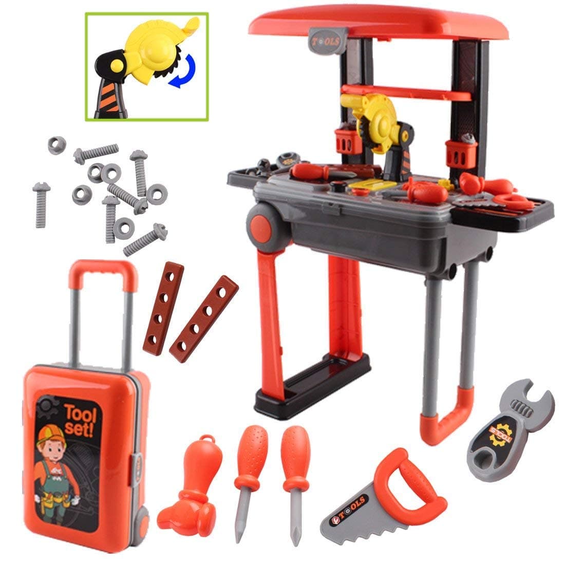 Fun express Trolley Set Toy Kit Play Sets for Little Kid Light Sound Effects Big Size Plastic Toys Bag Convertible Suitcase Portable Accessories. (Plastic Tool Work Bench Convertible Suitcase)