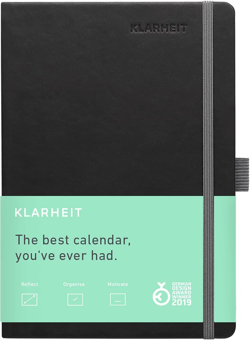 KLARHEIT Calendar (English Version) Week to View Diary, Undated with 53 Weeks, with Coaching Section on Self-Reflection, Yearly Planner, A5, Dark