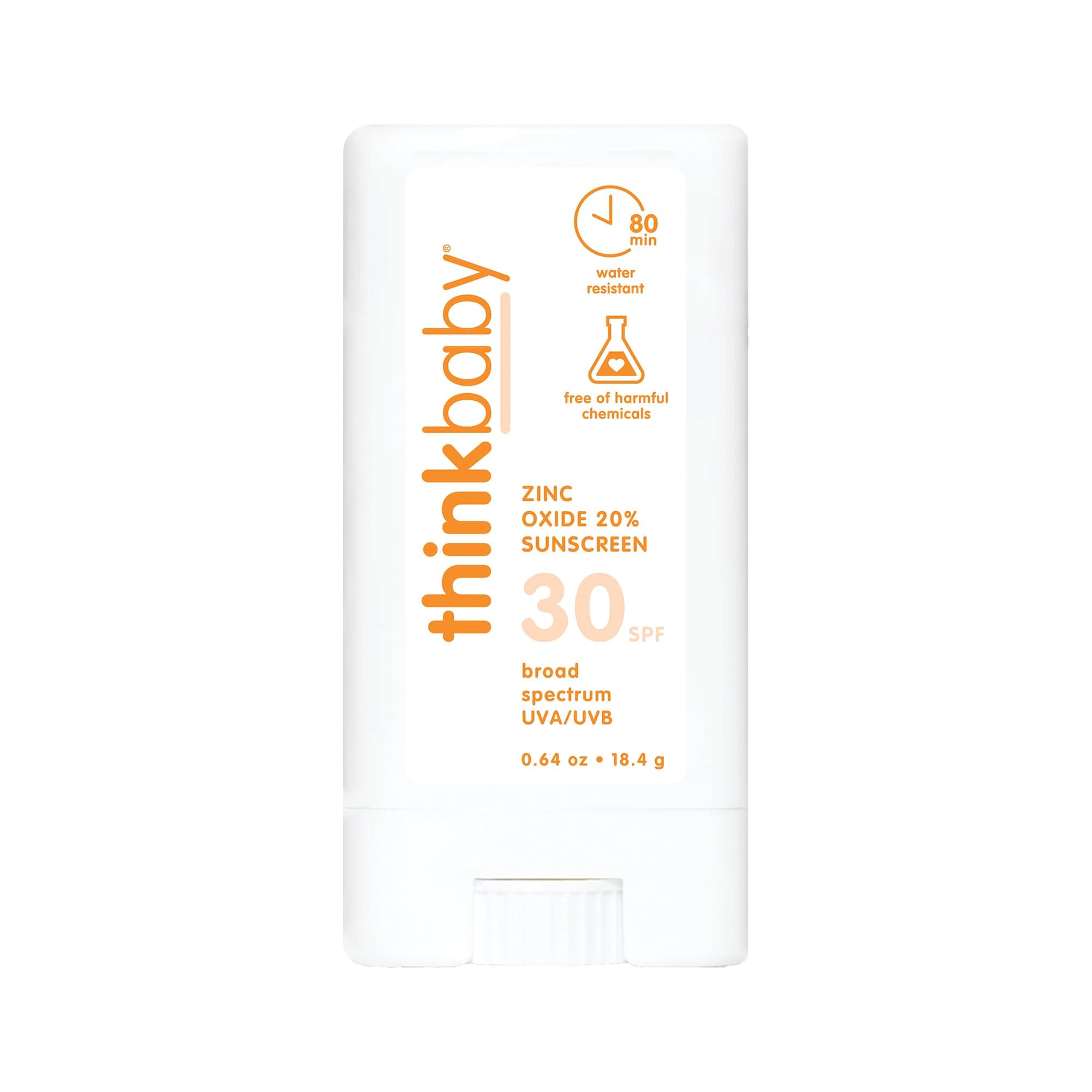 Thinkbaby SPF 30 Sunscreen Stick – Safe, Natural, Water Resistant Sun Cream for Babies, Kids & Adults – Vegan, Mineral UVA/UVB Sun Protection – Reef Friendly Travel Stick, 0.64oz