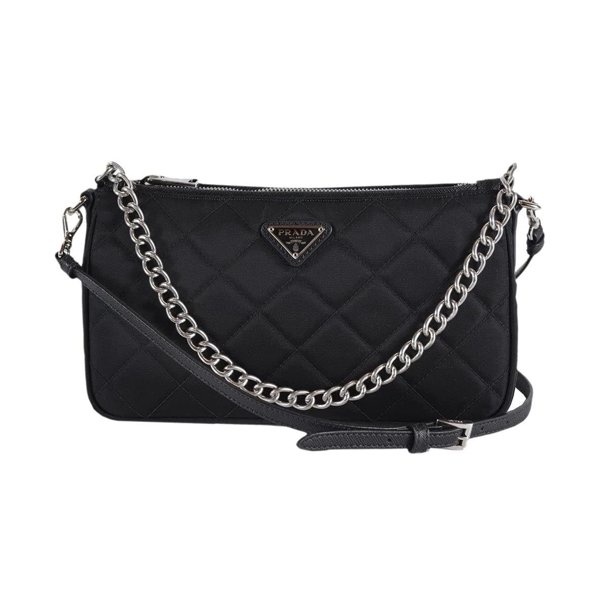 Black Quilted Tessuto Nylon Chain Crossbody Bag Silver Hardware Adjustable Strap Zipper Closure Designer Shoulder Purse New