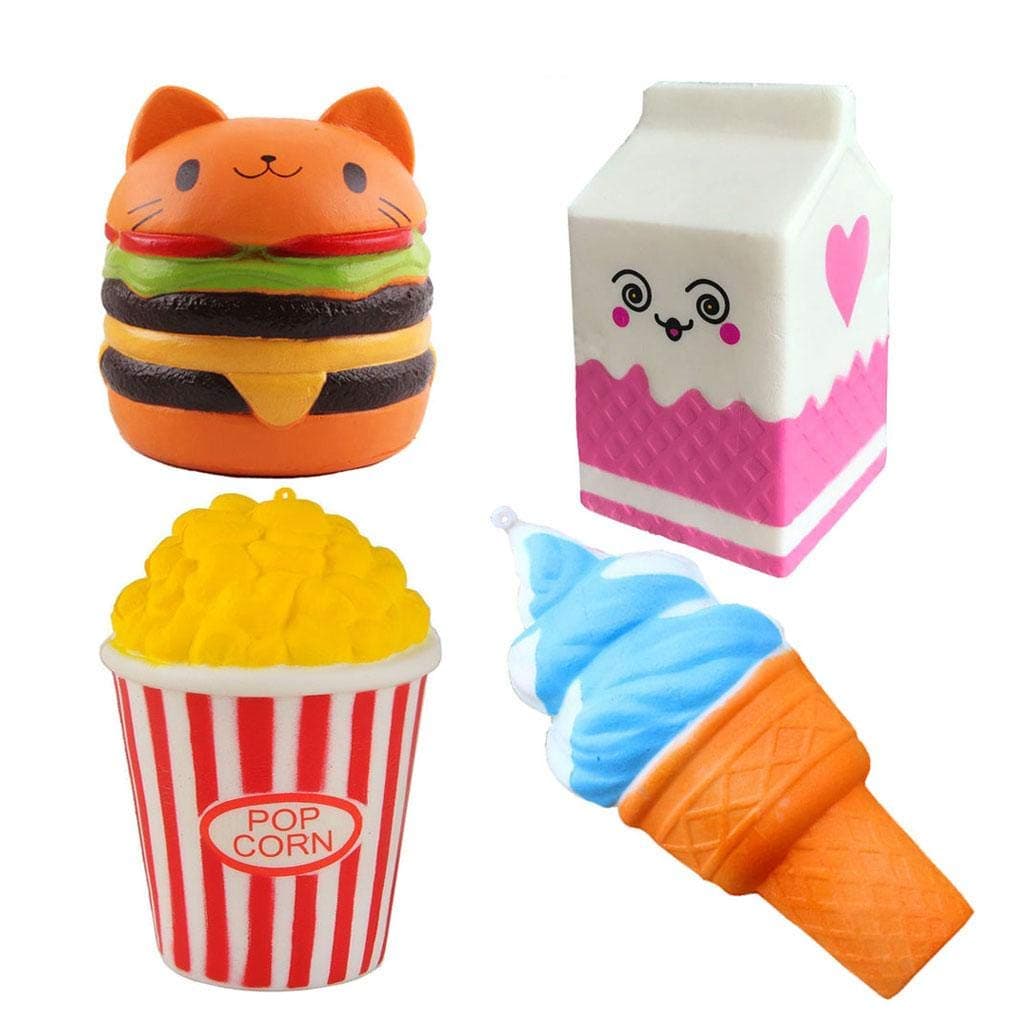 Pack of 4 Jumbo Slow Rising Squishies Kawaii Cat Hamburger Popcorn Ice Cream Milk Box Charms Stress Relief Toys Scented Toys Decorations Hand Pillows