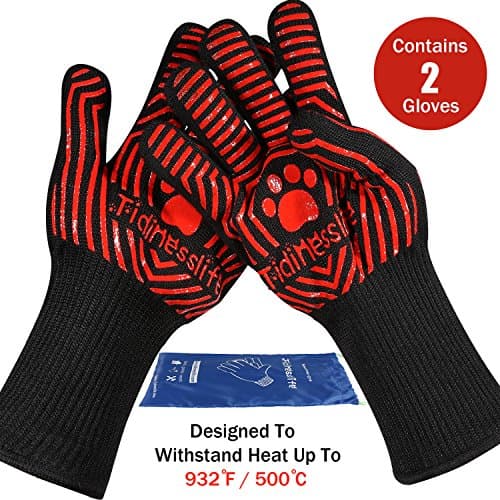 Tidinesslife Baking Grilling Cooking Gloves Extreme Heat Resistant Gloves Extra Long Forearm Protection Up to 932°F Red OneSize
