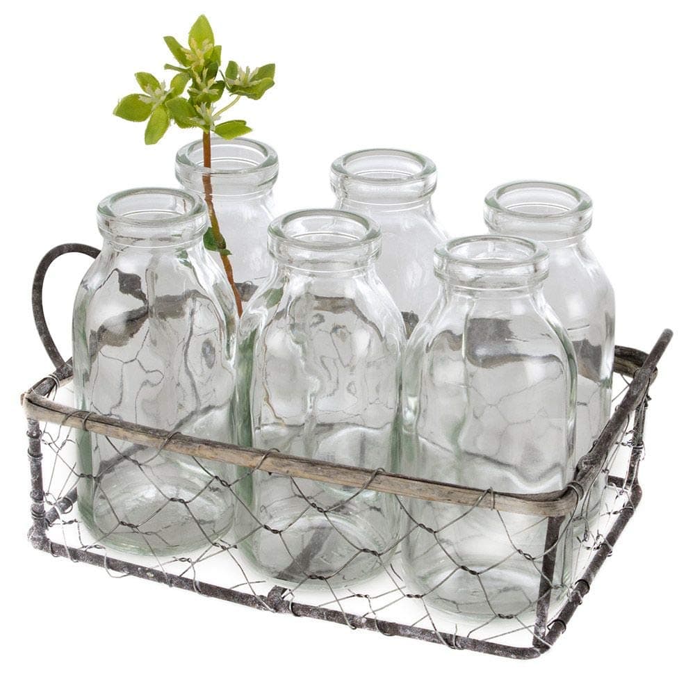 Six Vintage Glass Mini Bottles in Wire Basket Weddings Vases