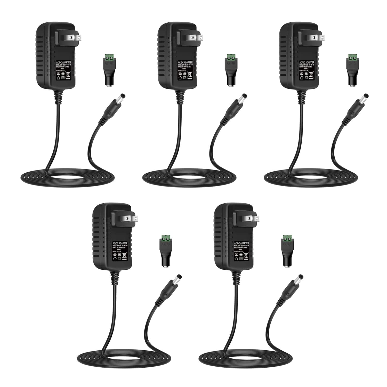 12V 2A Power Supply Adapter, 12 Volt Power Supply for LED Strip Lights, 120V AC to 12V DC Transformer,3.28Ft Cord, 24 Watt Max(5 Pack)