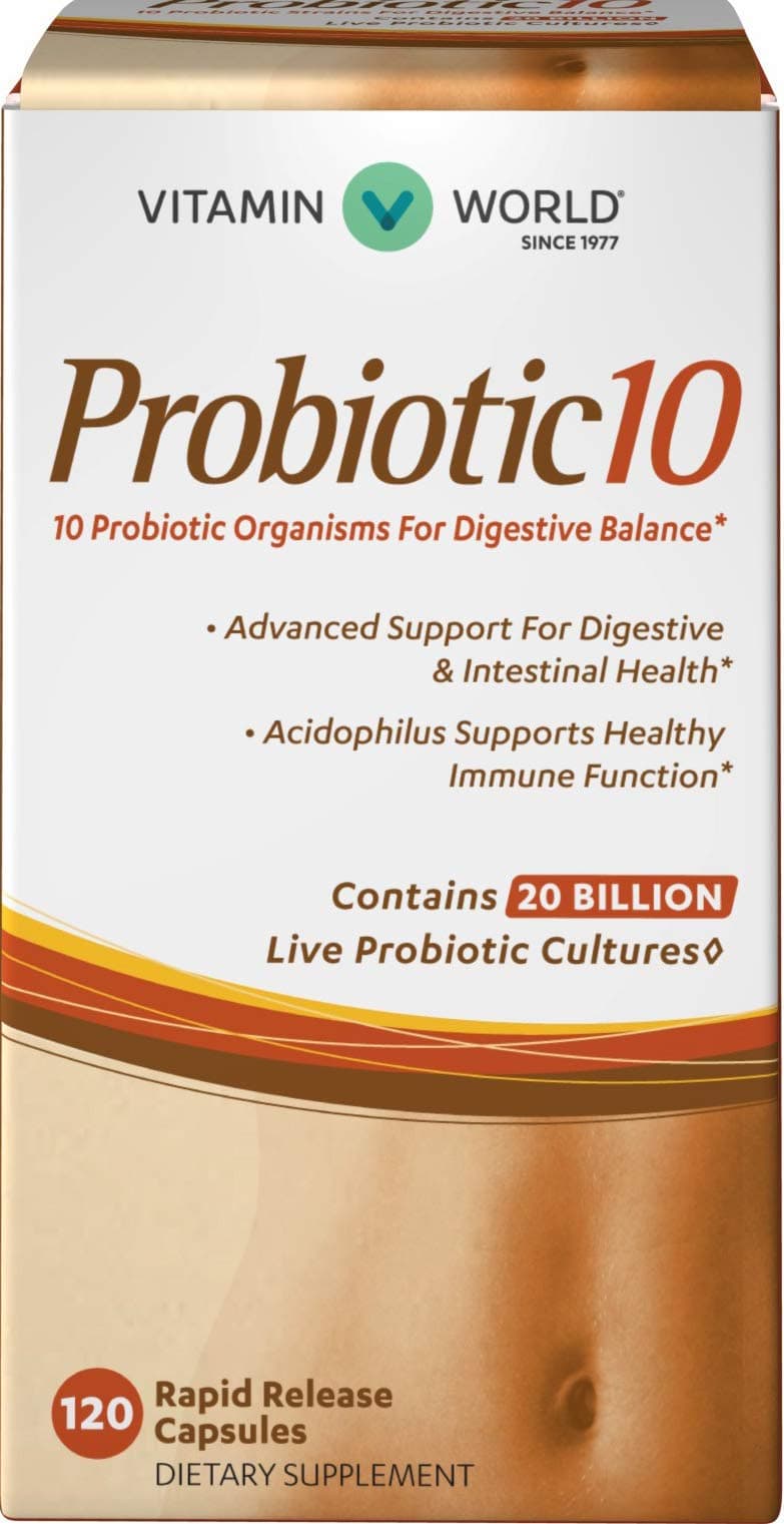 Vitamin World Probiotic 10, 120 Capsules, 20 Billion Cultures, Rapid-Release, Probiotic Supplement, Digestion