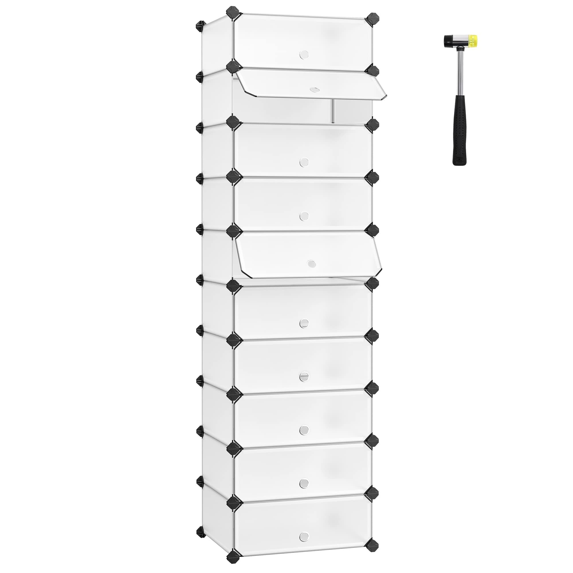 SONGMICS DIY Shoe Rack Organiser with Doors, 10-Tier Storage Rectangular Cubes for 20 Pairs of Shoes, Closet Wardrobe Divider Shelf, Rubber Mallet Anti-Tip Kit, White LPC10W