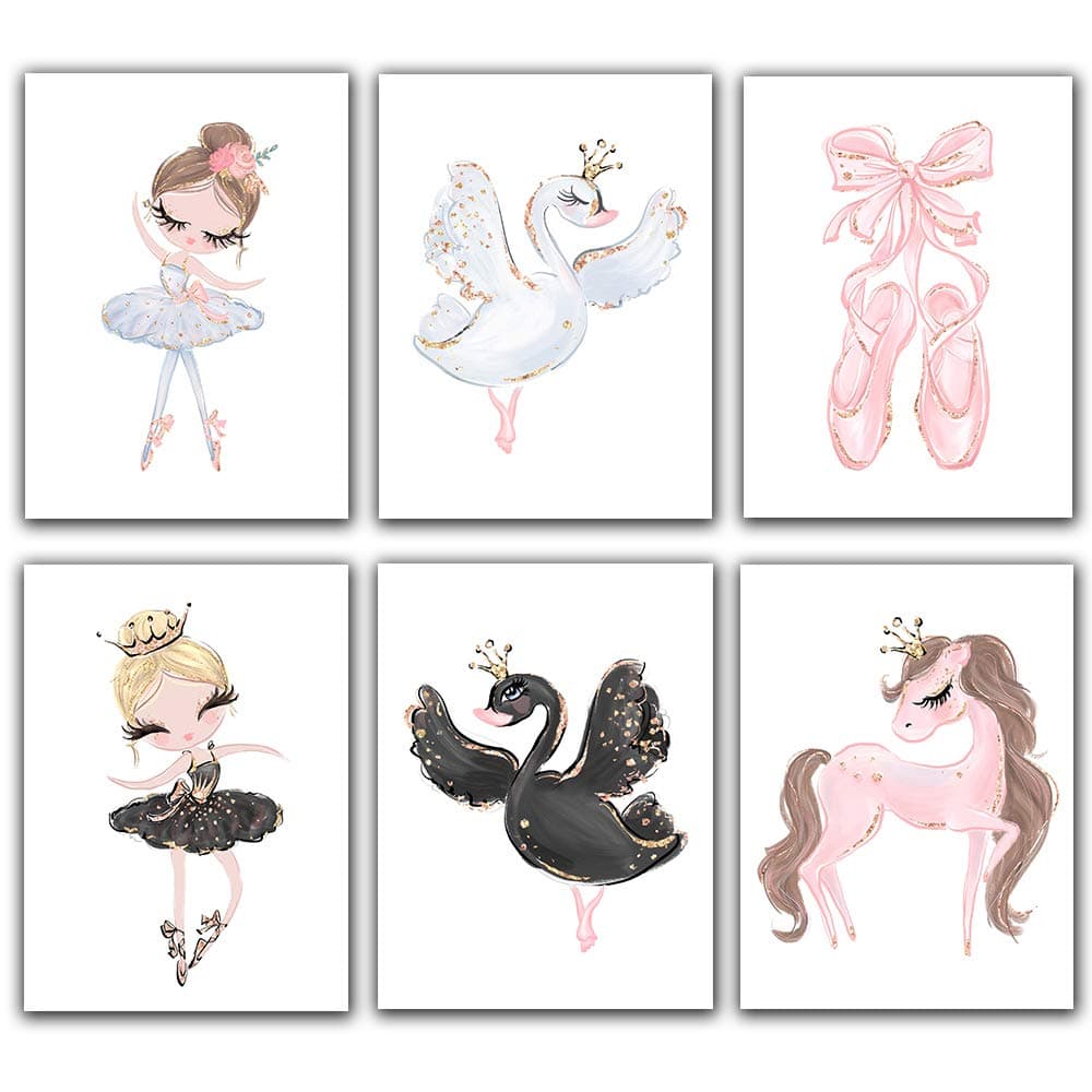 YujohomBallet Princess Nursery Nordic Poster Unicorn Room Décor Canvas Painting Black Swan Ballet Shoes Wall Pictures for Children Kid's Girl Wall Art (Set of 6) - Unframed - 8x10s