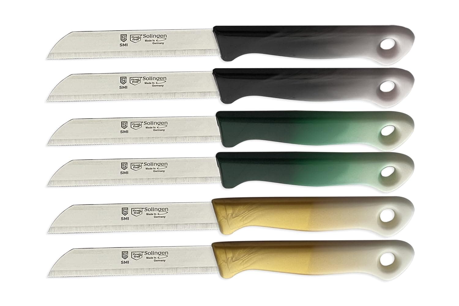 SMI 6 pcs – Paring Knife Set Solingen Vegetable Knife Serrated Fruit Kitchen Knife Flexible Multi Color Fixed Blade, Made in Solingen Germany