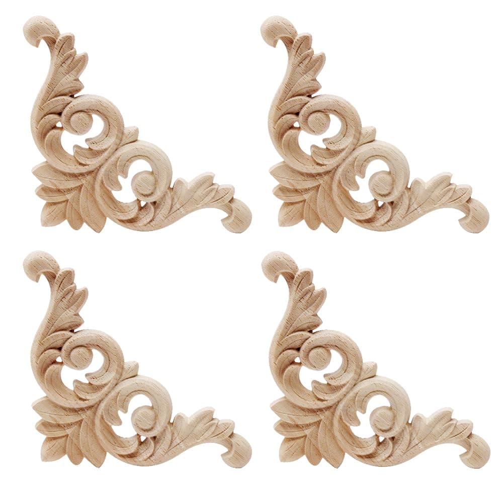 4 Pcs Wood Carving Decal Wood Carved Mouldings Corner Applique Home Door Decor Wooden Carving for Door Cabinet Windows