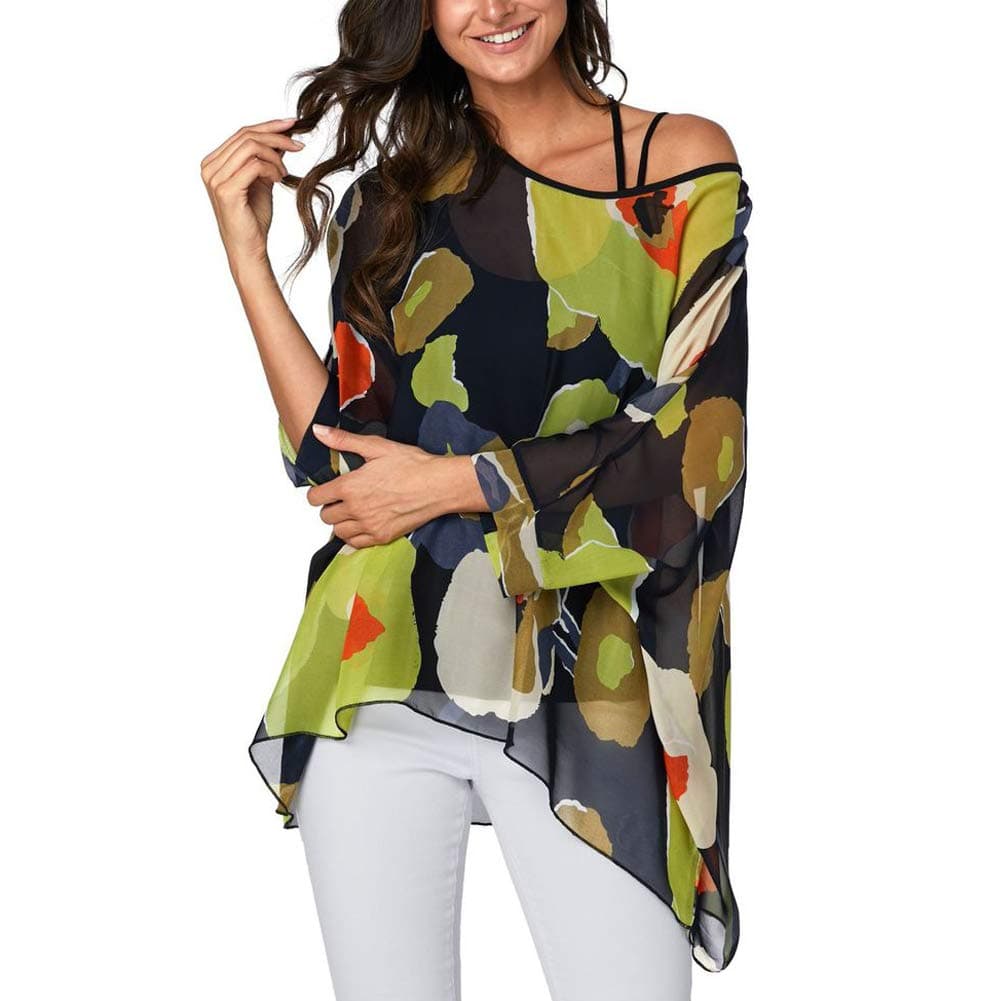 Plus Size Batwing Flowy Semi Sheer Chiffon Blouse Tunic for Women Summer Floral Print Boho Beach Cover ups