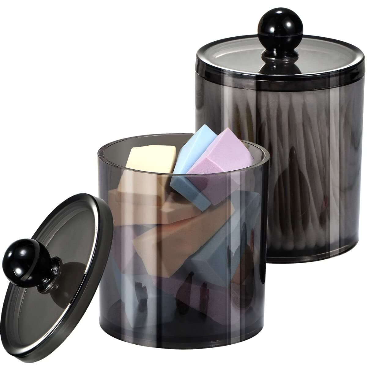 SheeChung 2-Pack Qtip Holder,Clear Black Acrylic Apothecary Jar,Bathroom Jars with Lids - Shatterproof Qtip Holder Dispenser for Bathroom Vanity - 10oz Small Cotton Ball & Swab Storage Canisters