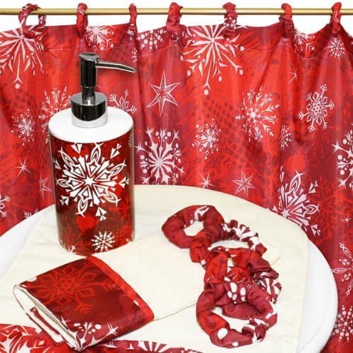 16 Pc Christmas Holiday Shower Curtain Set w/ Hooks, Lotion Pump and 2 Hand Towels (Christmas Snow)