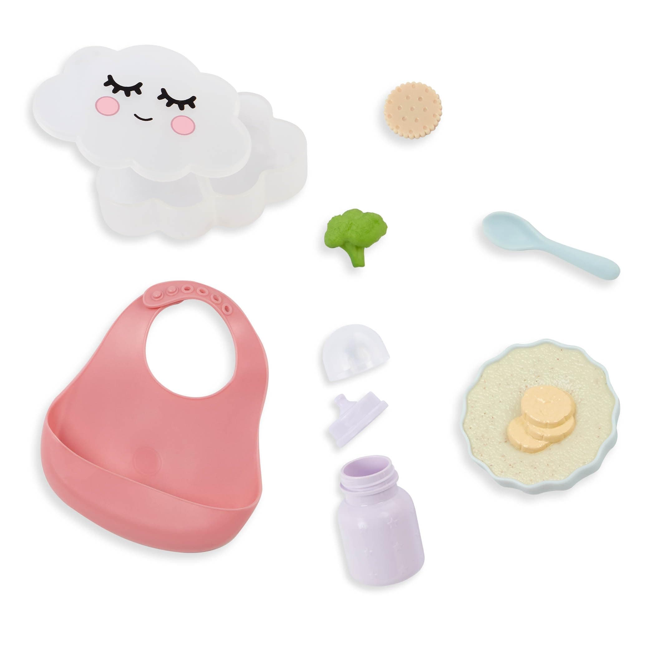 LullaBaby – Pretend Food Set – 10-Pc Meal Time Accessories – Bib, Spoon & Cloud Food Container – Imaginative Play – Toys For Kids Ages 2 & Up – Baby Doll Feeding Set