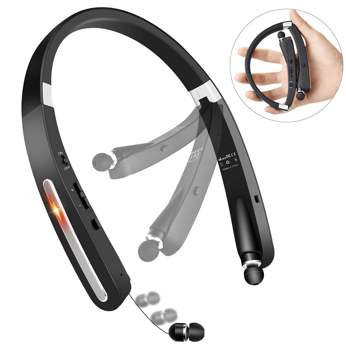 Bluetooth Headphones, SUASI Retractable Bluetooth Headset Handsfree Calling Wireless Neckband Earphone 30Hours Playtime V4.1 (KKY-992X) Noise Cancelling Bluetooth Earbuds for Exercise and Fun (Black)