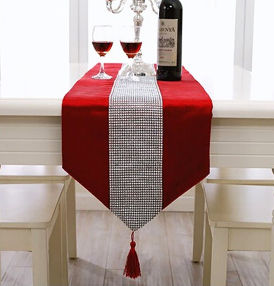 CosyDeal Classic Luxury Manual European Simple Style Dining Table Runners Hotel Bed Coffee Table Runners with Tassel and Sequined Jewelry (83" x 11", red)