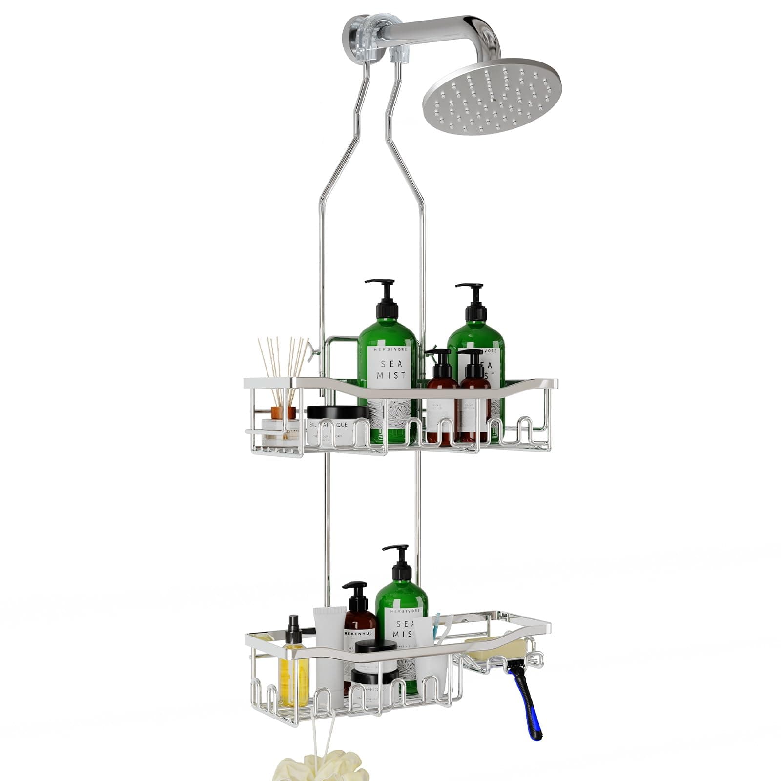 Shower Caddy Hanging for Bathroom: Adjustable Height No Blocking to Shower Head - Rustproof Shower Caddy Over Showerhead - Black Shower Organizer with Hooks Soap Holder, Silver