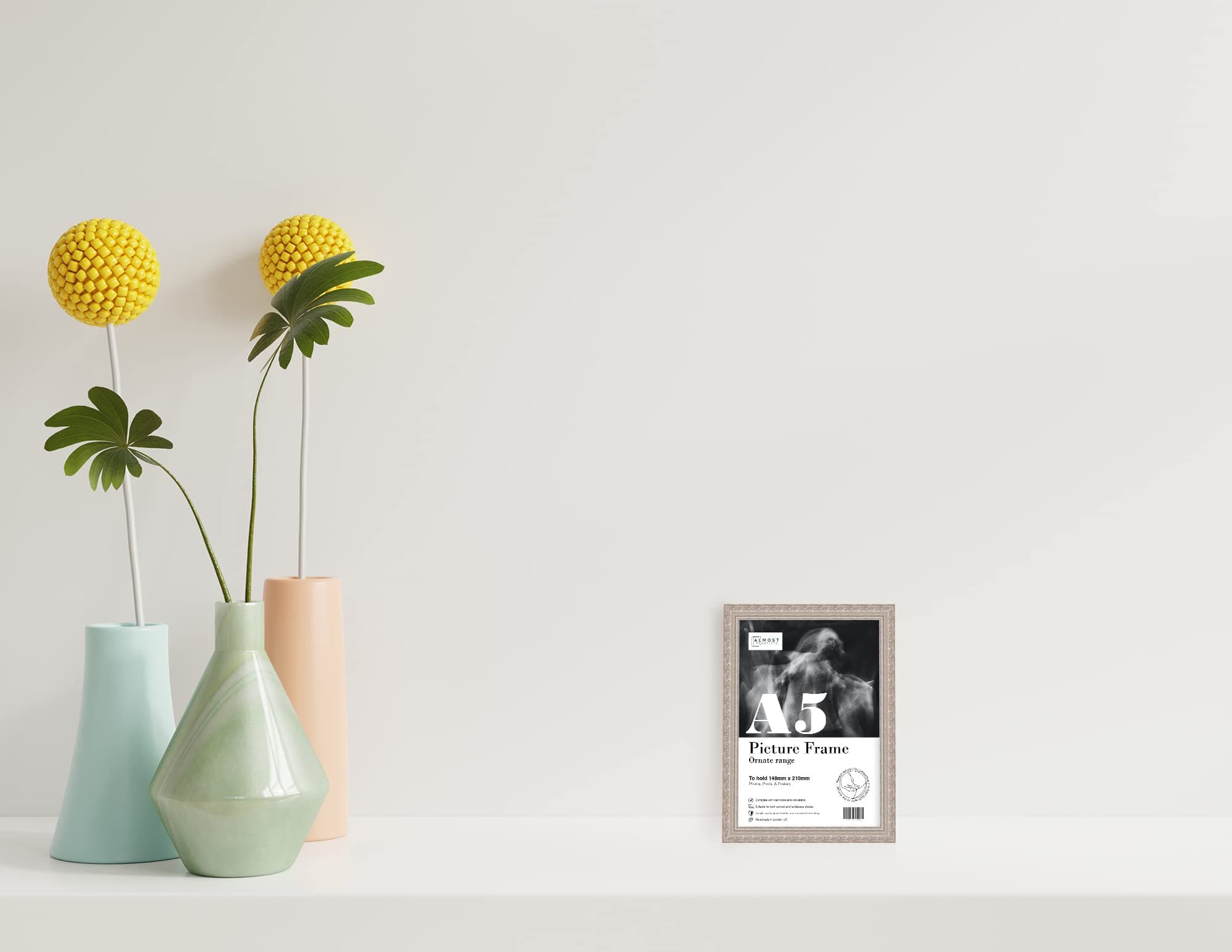 Almost Frameless A5 Walnut Ornate Picture Frame Fits A5 (14.8 x 21cm - 5.8 x 8.3in) Poster, Photo, Artwork, or Print. Antique Style Portrait and Landscape Display with Wall Hooks