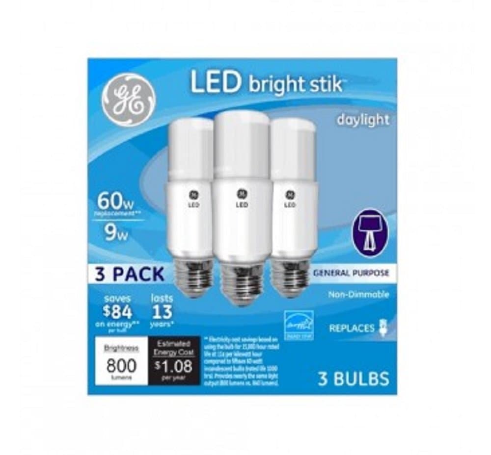 General Electric 63592 WHT Brig Rel LED Light Bulb 3 Pack 9W Daylight Bright Stik, 3 Count (Pack of 1)