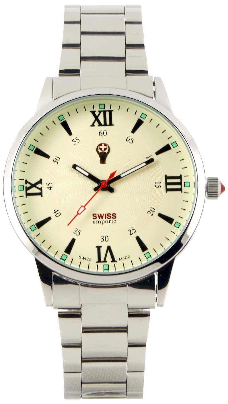 Swiss Emporio Men's Quartz Swiss Made Watch with Beige Dial Analogue Display and Silver Stainless Steel Bracelet SE03CRSL50