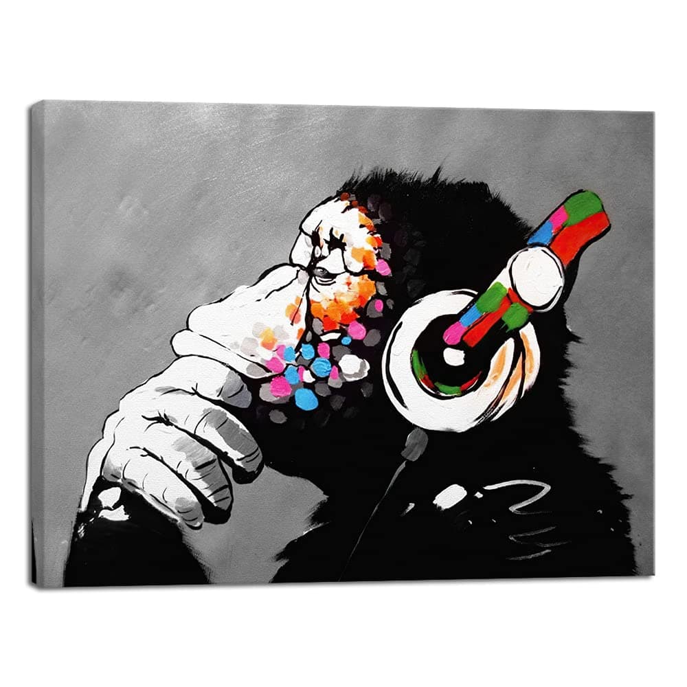 Wieco art Monkey With Headphones Banksy DJ Chimp Pop Art Cool Ape Abstract Canvas Prints for Living Room Bedroom Home Decor Stretched Artwork