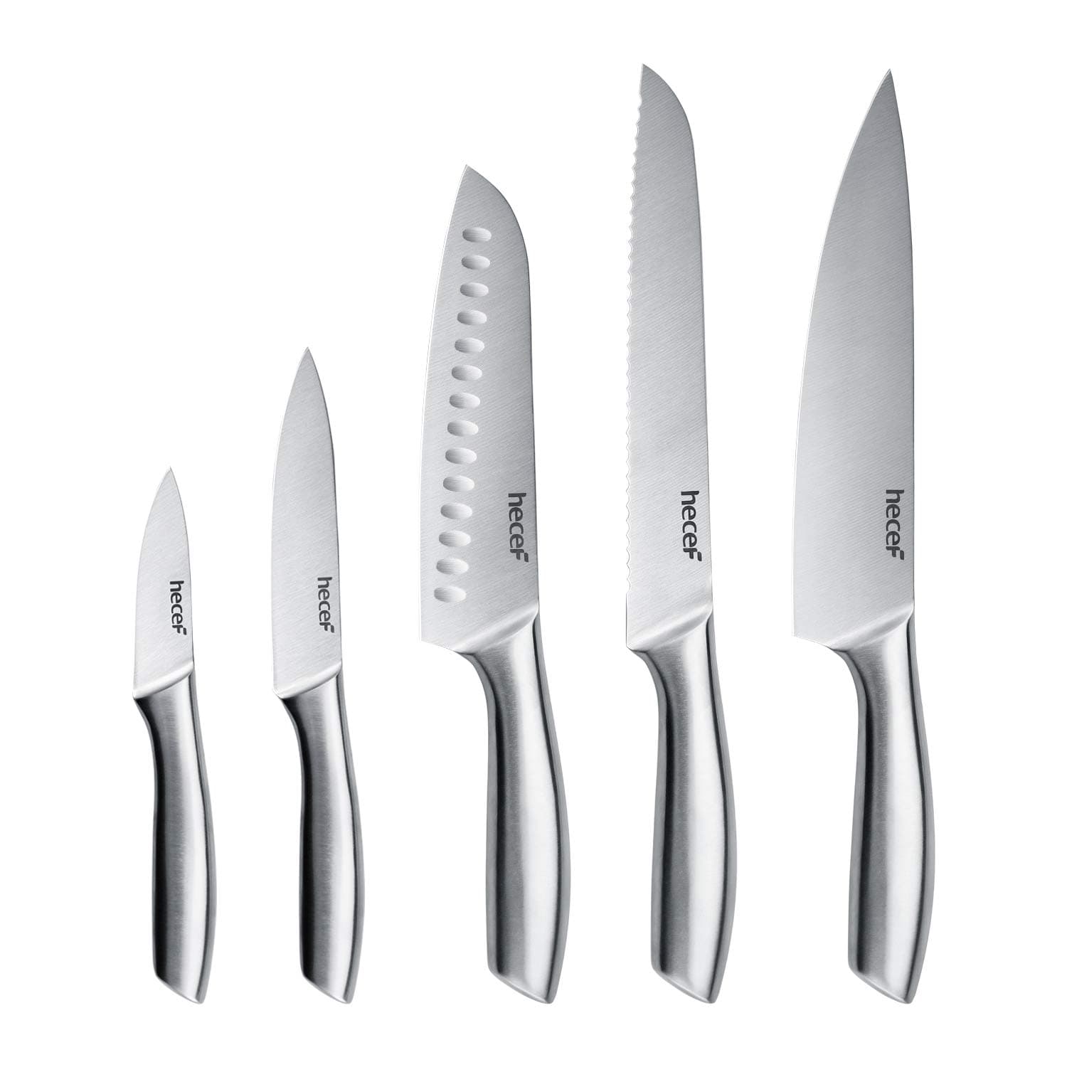 Silver Kitchen knife set of 5, Satin Finish Blade with Hollow Handle, includes 8" Chef, 8" Bread, 8" Santoku, 5" Utility and 3.5" paring knife