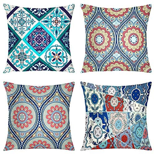 Suesoso Decorative Pillows Case,4 Pillow Set,Beautiful Patchwork and Fashion with Tiles Moroccan Ornaments Throw Pillowcovers 18 x 18 inch,Cushion Decorative Home Decor Nice Gift Garden Sofa Bed Car