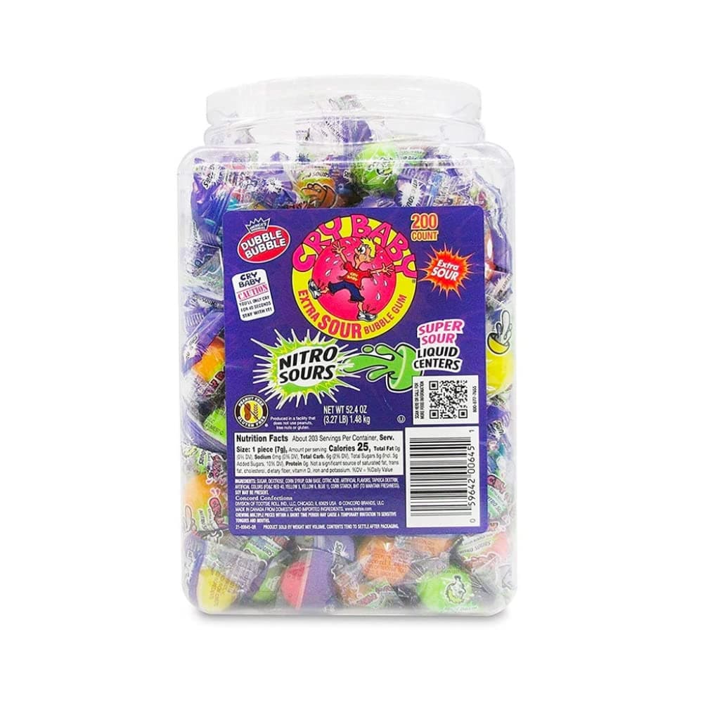 Dubble Bubble, Cry Baby Nitro Sour Bubblegum,- Candy Jar, 200 Pieces