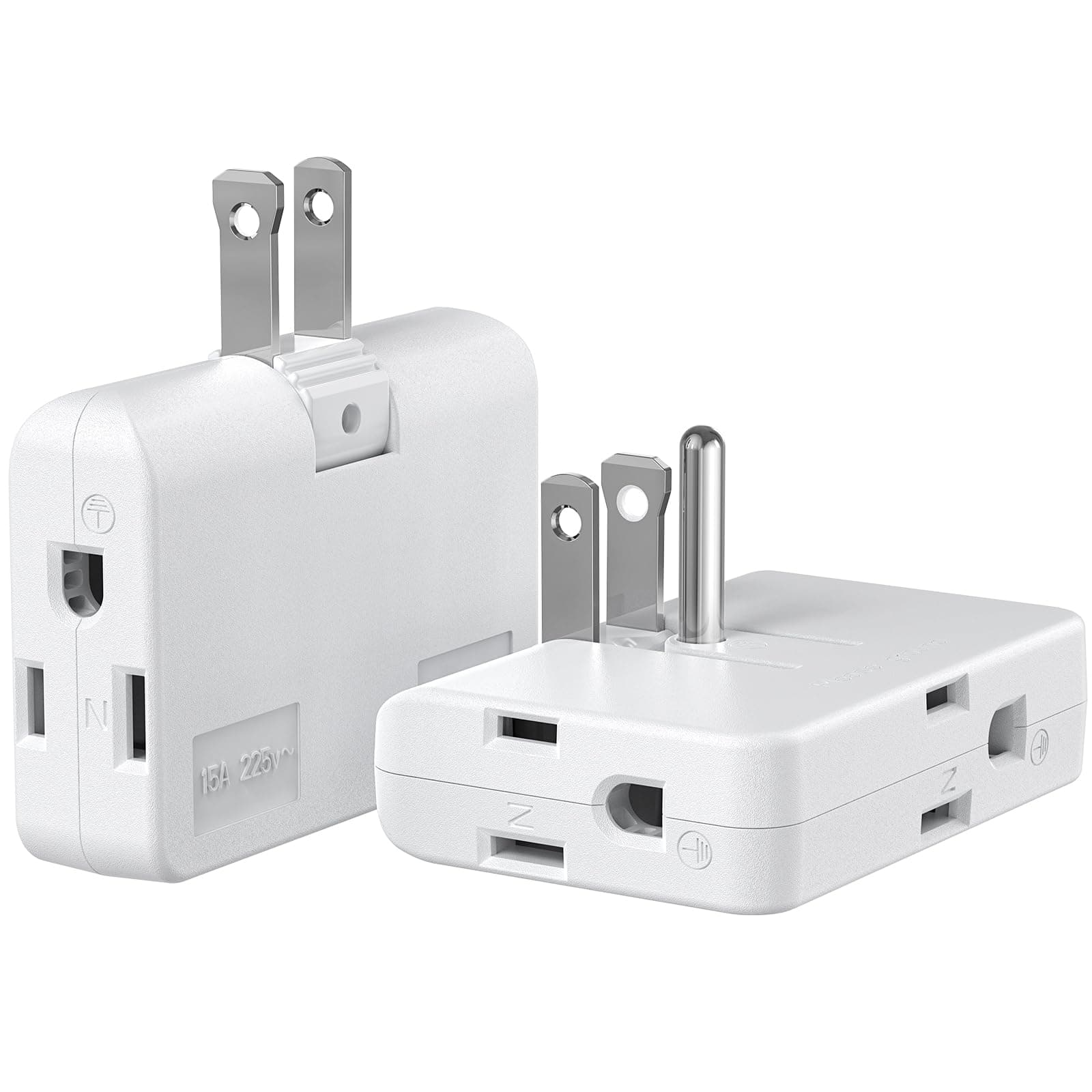 2-Prong/3-Prong Swivel Adapter, Polarized Grounding Converter with Flat Wall Plug, Fireproof 3-Outlet for Home Use (2 Pack)