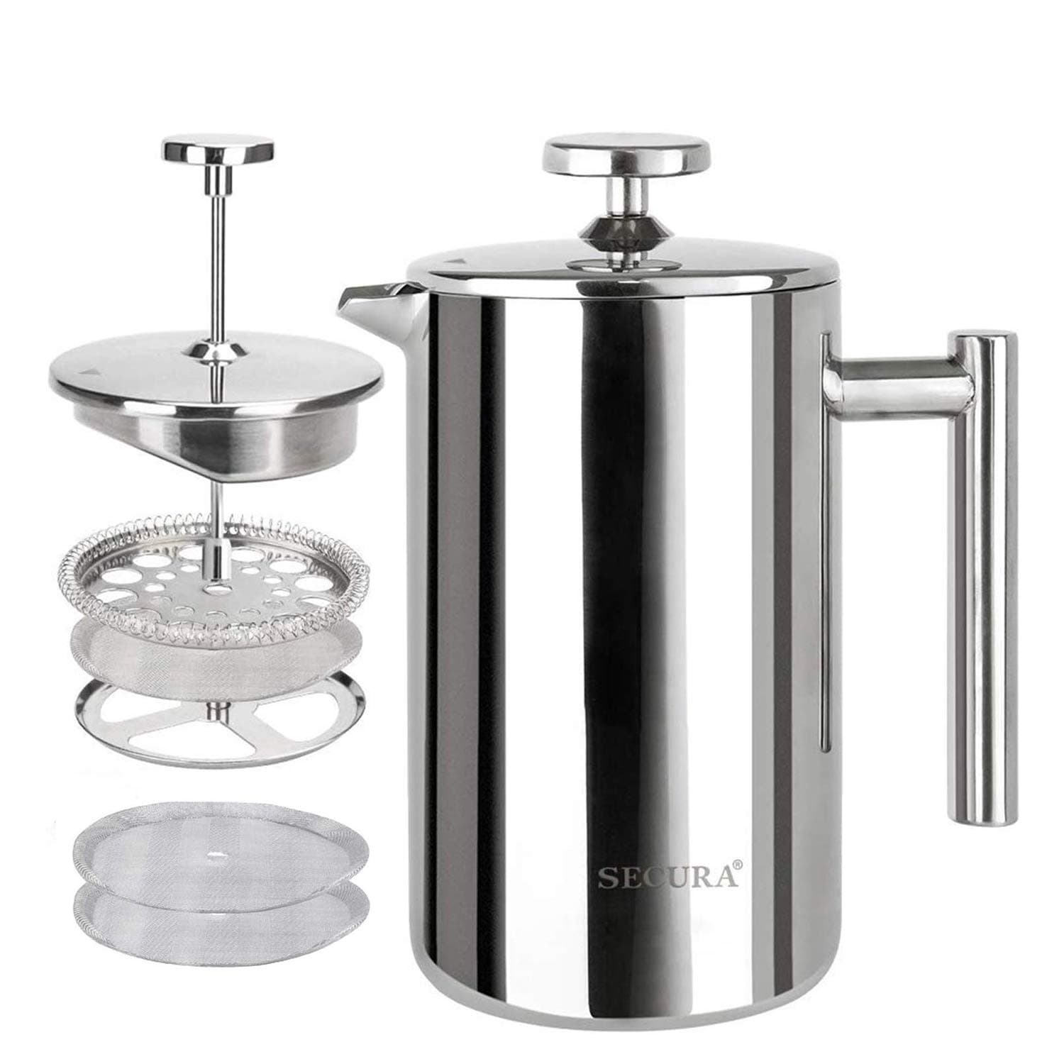 French Press Coffee Maker, 304 Grade Stainless Steel Insulated Coffee Press with 2 Extra Screens, 12oz (0.35 Litre), Silver