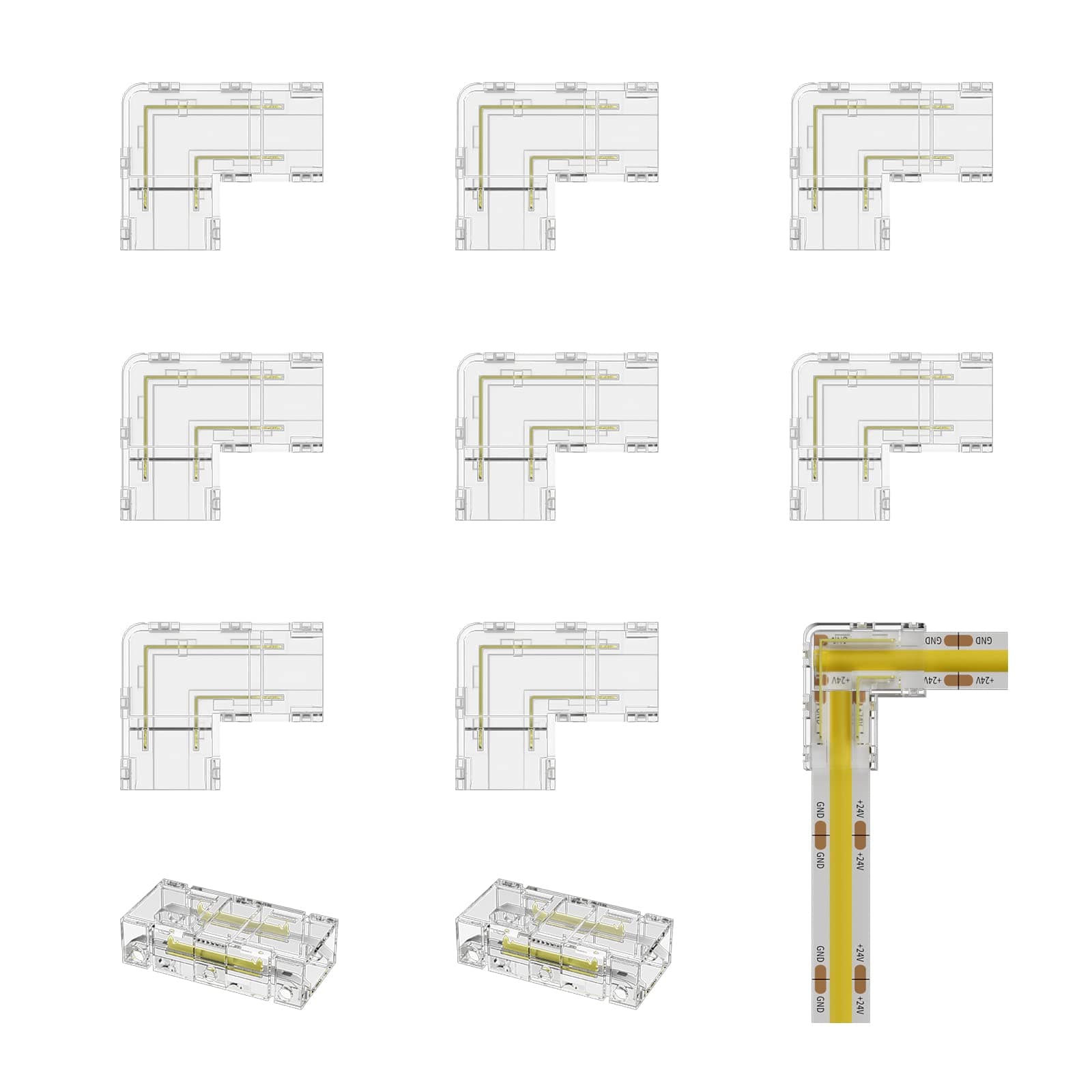 PAUTIX 8mm 2-Pin COB Connector 8pcs L-Shaped/Corner Connectors,Reusable Solderless Adapter Terminal Extension Connection,2pcs Gapless Strip to Strip Connectors for COB LED Strip Lights,SMD LED Strips