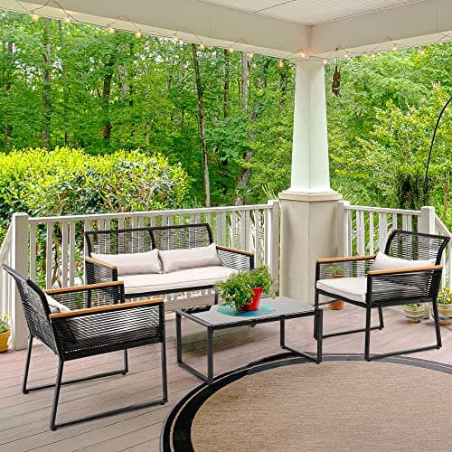 YITAHOME 4-Piece Outdoor Wicker Patio Conversation Furniture Set, All-Weather Wicker Bistro Rattan Loveseat Set with Wooden Armrests, Metal Side Table and Cushions for Backyard, Balcony, Deck, Black