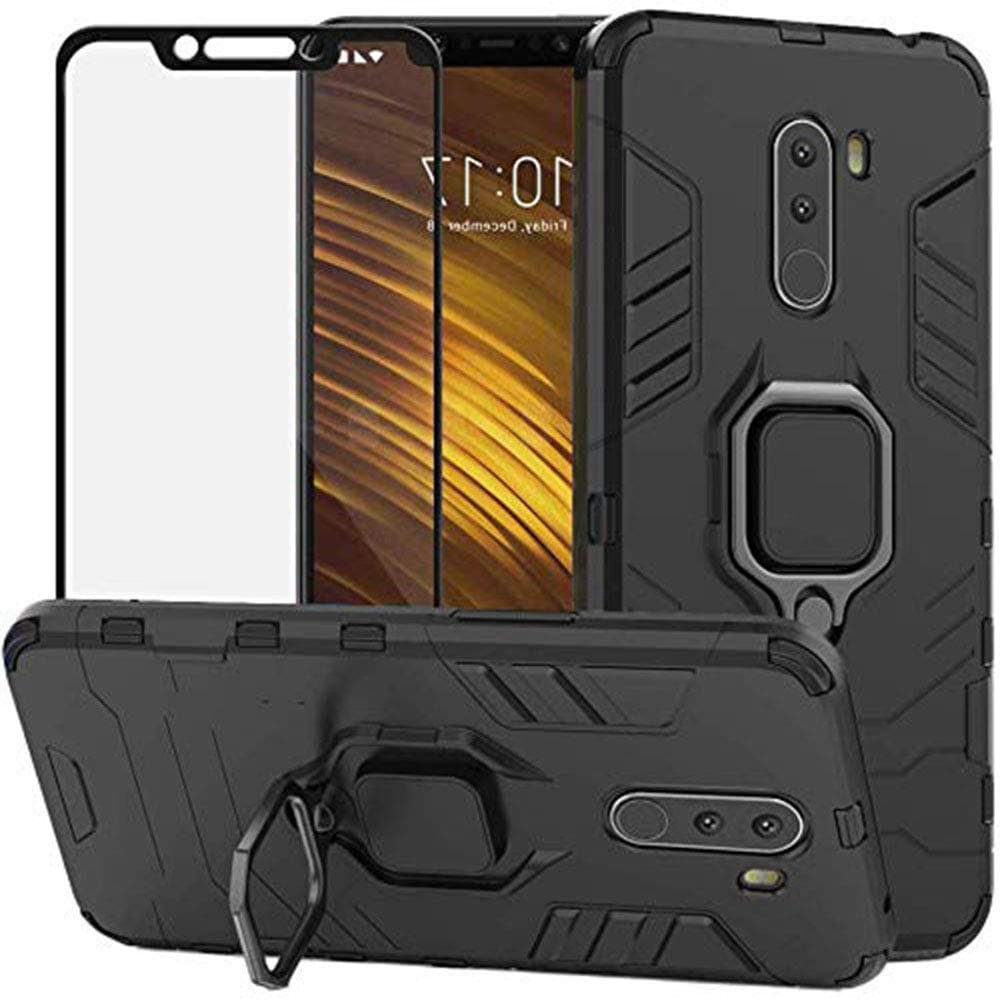 for Xiaomi Pocophone F1 Case/Poco F1 Case, 2 in 1 Hybrid Heavy Duty Armor Shockproof Defender Kickstand Dual Layer Bumper Hard Back Case Cover Tempered Glass Screen Protector