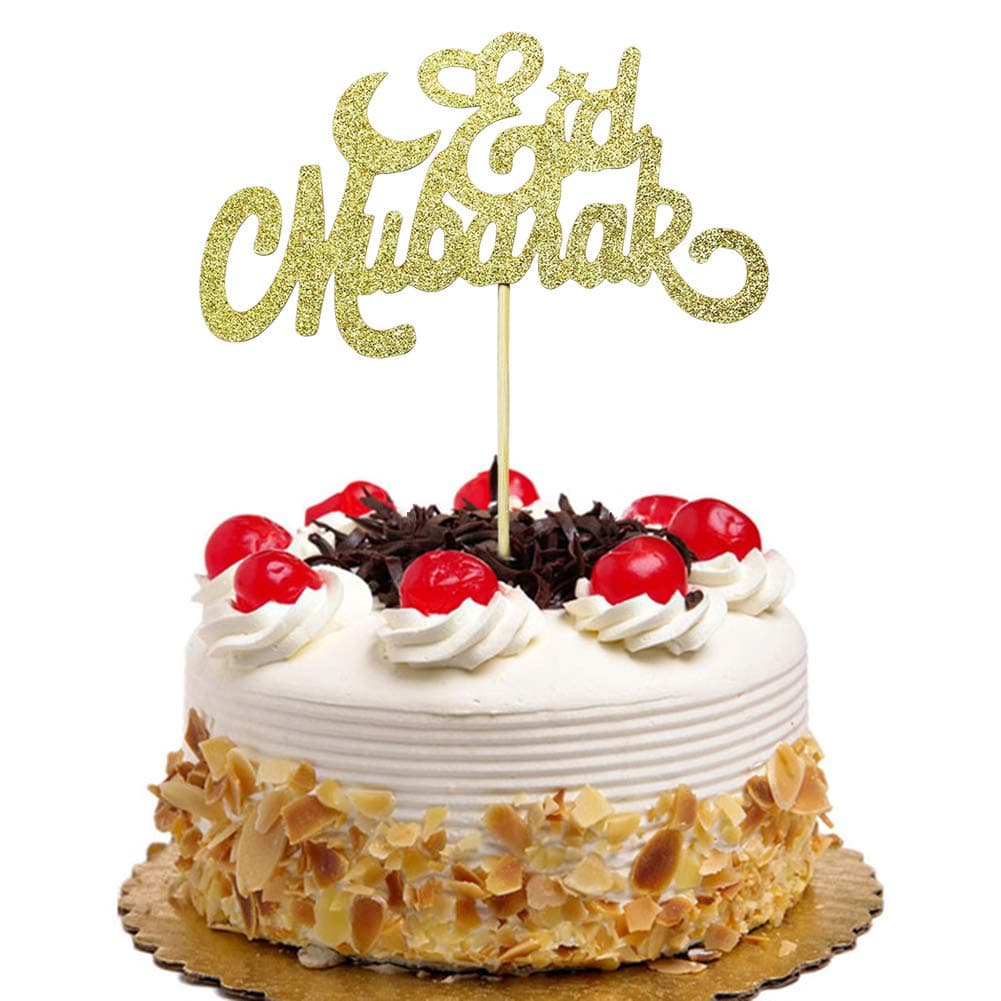 Eid Mubarak Cake Topper, Ramadan Decors, Muslim Islam Decorations for Wedding Baby Shower Birthday Party Supplies Gold Glitter