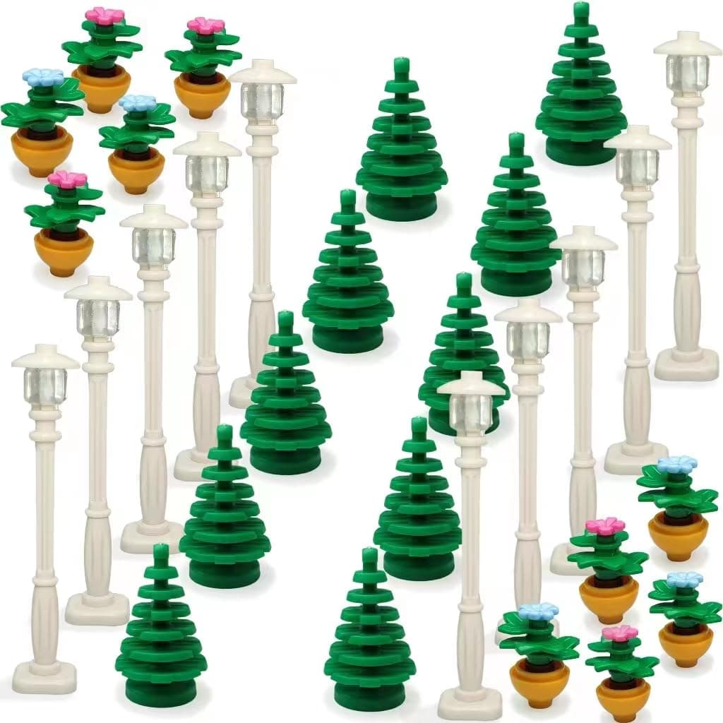 DSPITWOD City Street Lamp House Garden Building Accessories with Lights Trees and Flower Pot Block Toys Compatible with Major Bricks